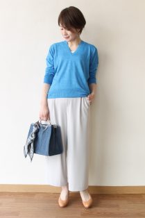高評価！ MACPHEE（マカフィー)リネンVネックニットプルオーバー／ブルー シャツ/ブラウス(長袖/七分)