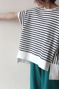 新品　パシオーネ　ワイドスリーブ　ボーダー　カットソー セール】ワイドスリーブルーズボーダーカットソー（Tシャツ
